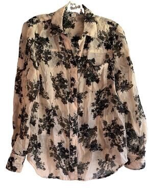 Coldwater Creek Shaped Shirt PM 10 12 Black Floral Pearl Snap Sheer Western